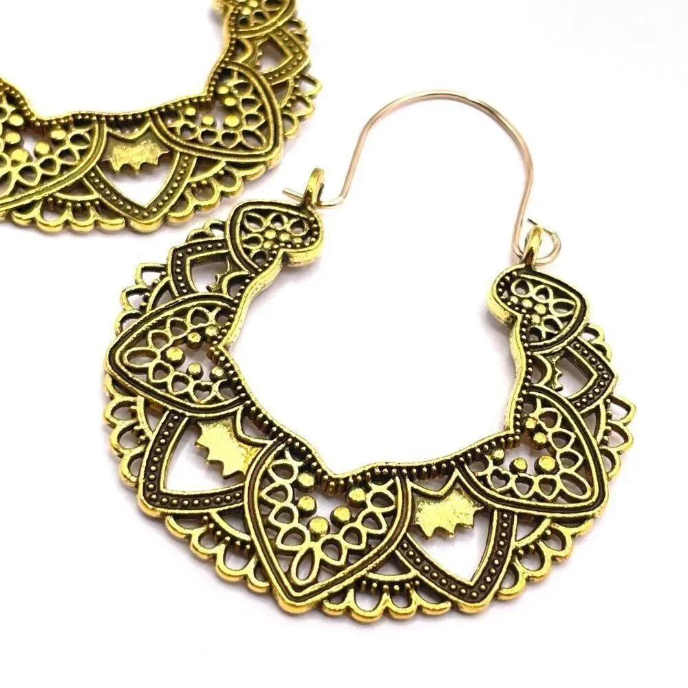 Yellow Gold Detailed Boho Mandala Dangling Drop Hinged Hook Earrings
